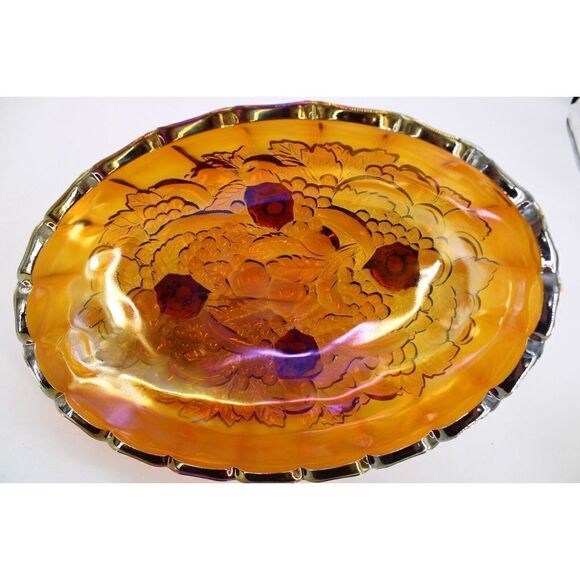 Vintage Iredescent Carnival Glass Fruit Bowl Footed 12” X 8 1/2” X 4 1/2” - Picture 6 of 6